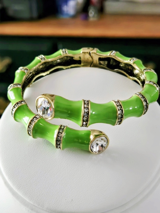 Heidi Daus Jewelry - Heidi Daus Neon Green Enamel Bamboo-Style Hinged Bracelet with Clear Crystals